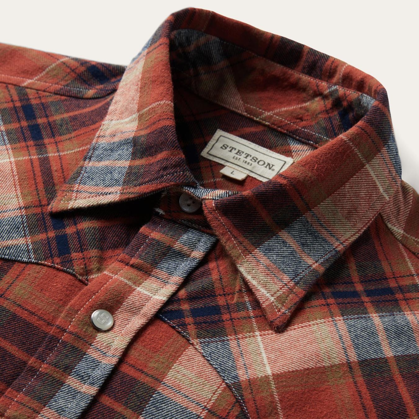 Men Classic Cut Stetson Brushed Twill Plaid Shirt Orange