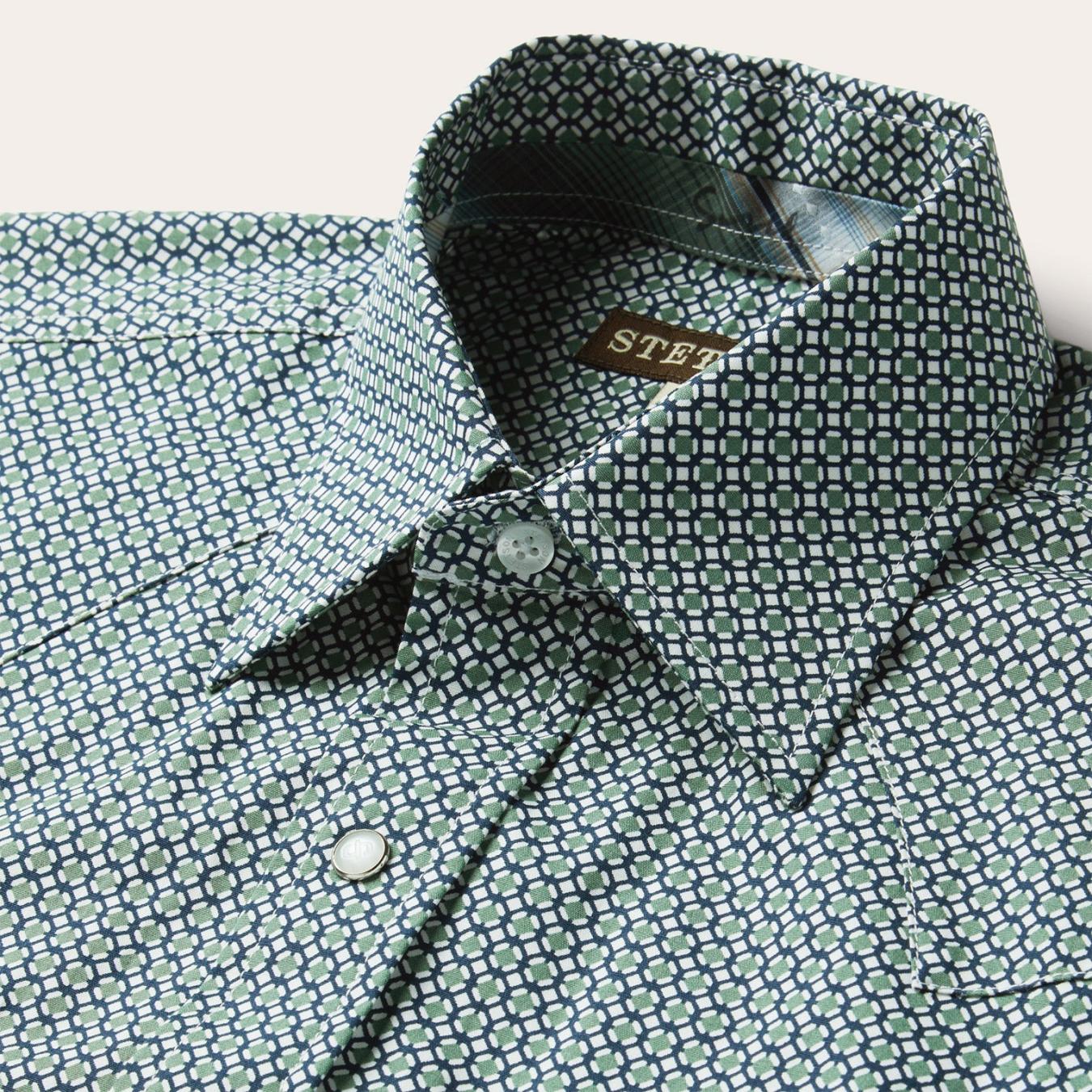 Men Classic Cut Stetson Circle Diamond Print Short Sleeve Western Shirt Green