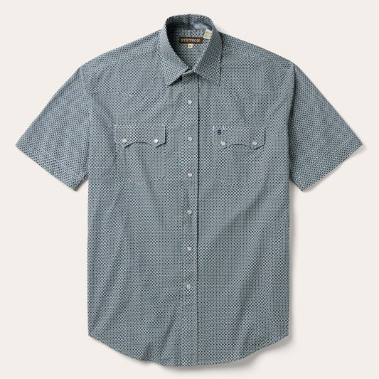 Men Classic Cut Stetson Circle Diamond Print Short Sleeve Western Shirt Green