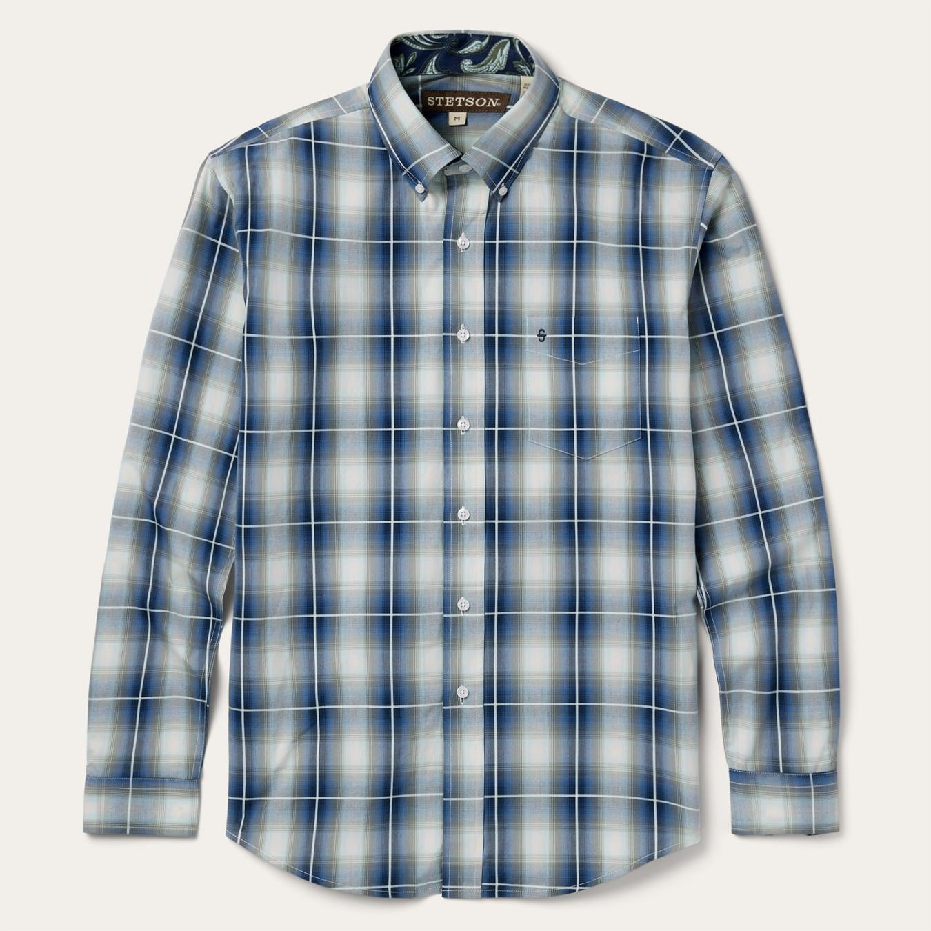 Men Classic Cut Stetson Crystal Plaid Button Down Shirt Blue