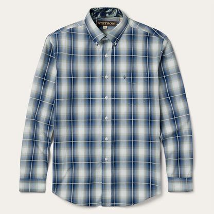 Men Classic Cut Stetson Crystal Plaid Button Down Shirt Blue