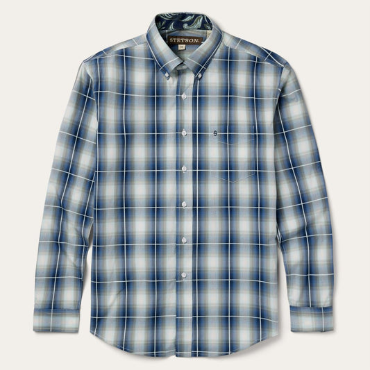 Men Classic Cut Stetson Crystal Plaid Button Down Shirt Blue