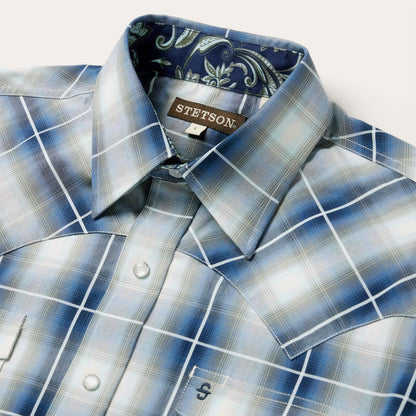 Men Classic Cut Stetson Crystal Plaid Western Shirt Blue