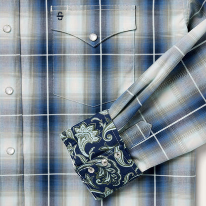 Men Classic Cut Stetson Crystal Plaid Western Shirt Blue