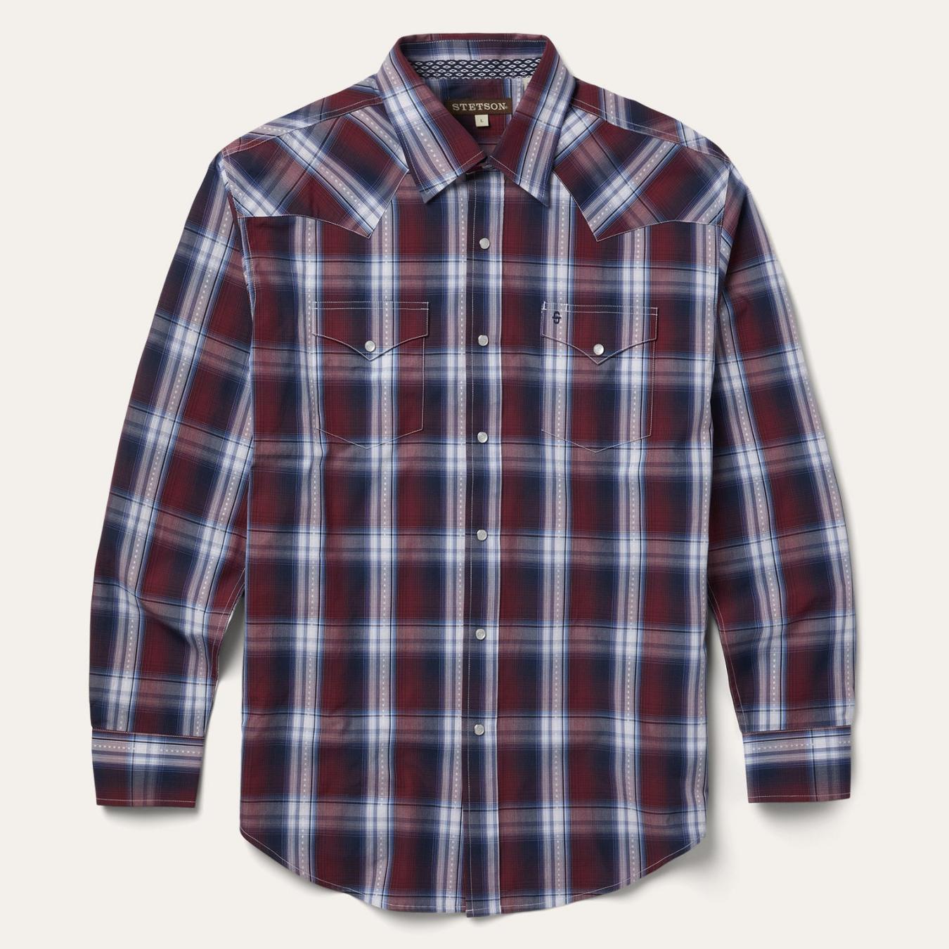 Men Classic Cut Stetson Good Luck Plaid Western Shirt Wine