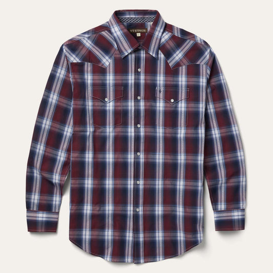 Men Classic Cut Stetson Good Luck Plaid Western Shirt Wine