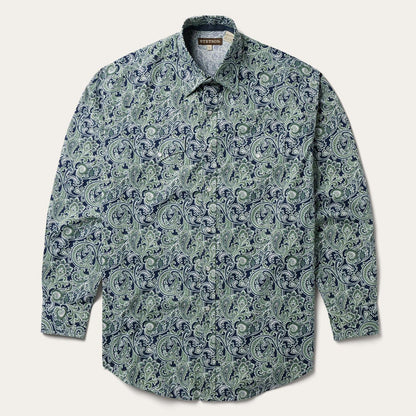 Men Classic Cut Stetson Greenspring Paisley Print Western Shirt Blue