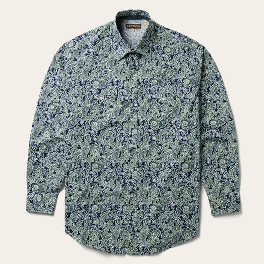 Men Classic Cut Stetson Greenspring Paisley Print Western Shirt Blue