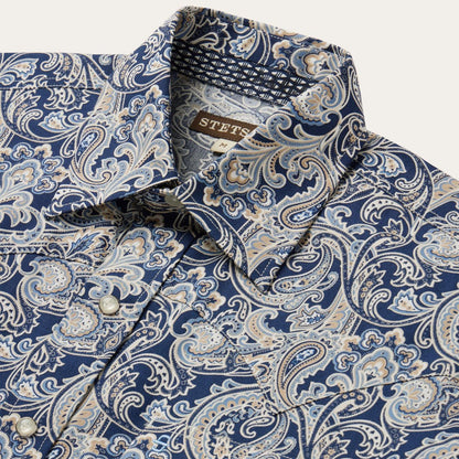 Men Classic Cut Stetson Greenspring Paisley Short Sleeve Western Shirt Blue