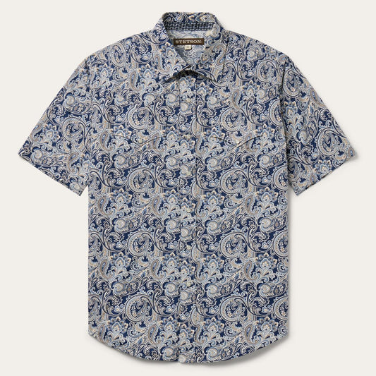 Men Classic Cut Stetson Greenspring Paisley Short Sleeve Western Shirt Blue