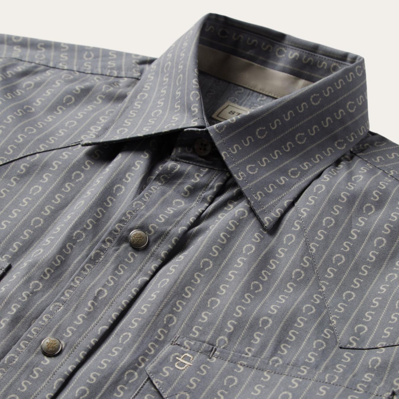 Men Classic Cut Stetson Horseshoe Stripe Print Shirt Grey