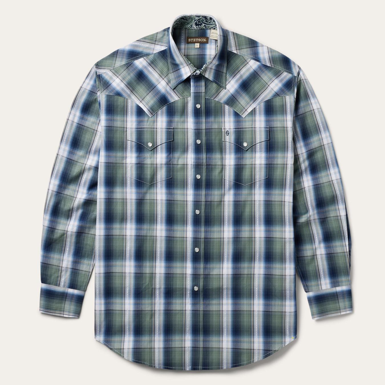 Men Classic Cut Stetson Lucky Diamond Plaid Western Shirt Green
