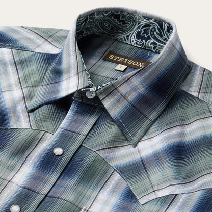 Men Classic Cut Stetson Lucky Diamond Plaid Western Shirt Green