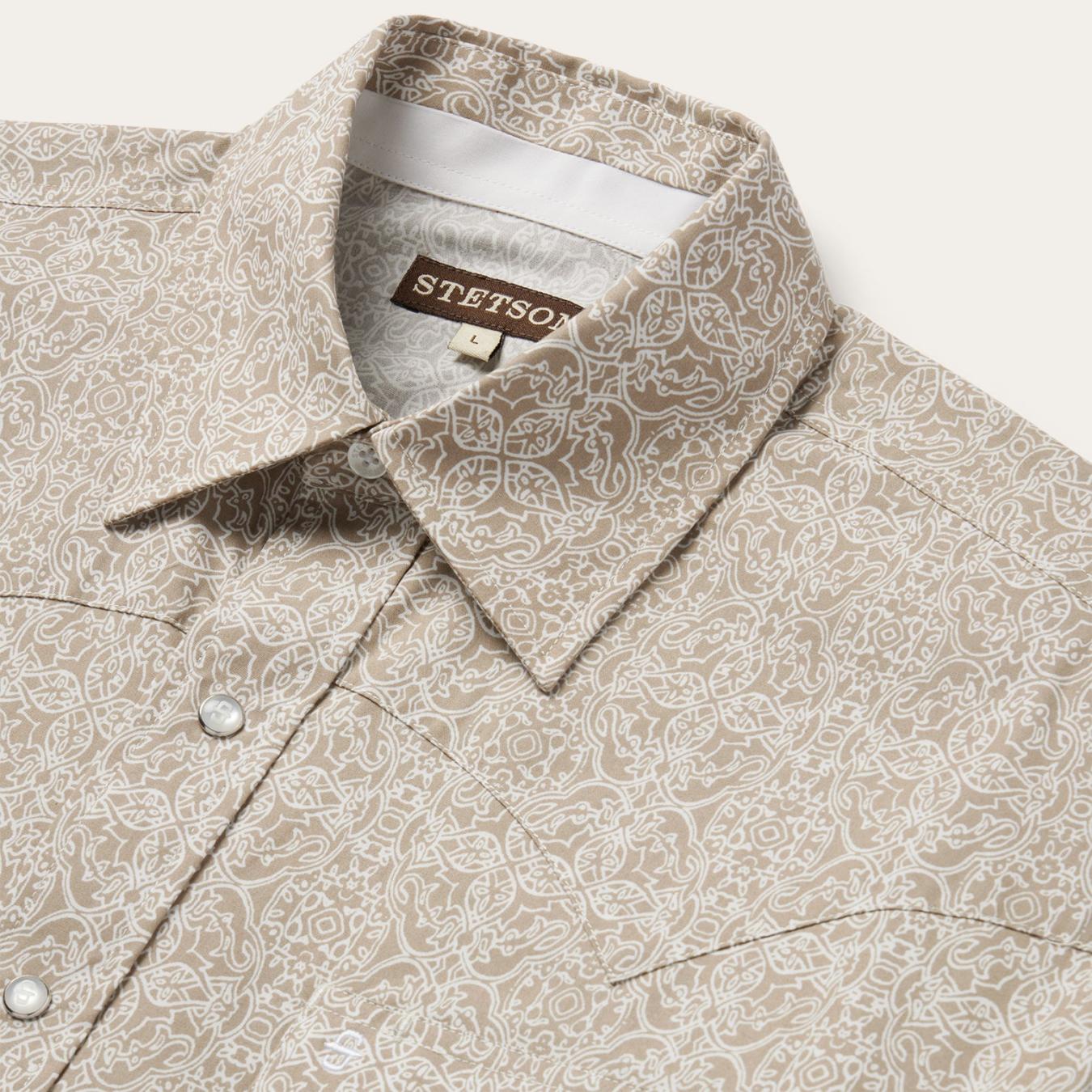 Men Classic Cut Stetson Medallion Print Western Shirt Brown