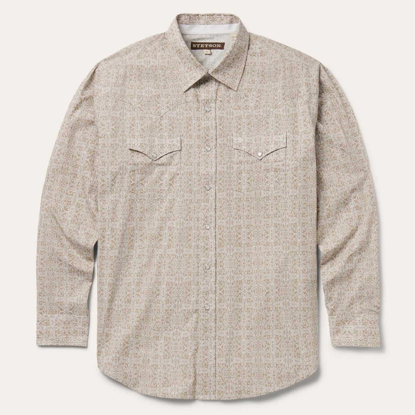 Men Classic Cut Stetson Medallion Print Western Shirt Brown