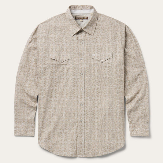 Men Classic Cut Stetson Medallion Print Western Shirt Brown
