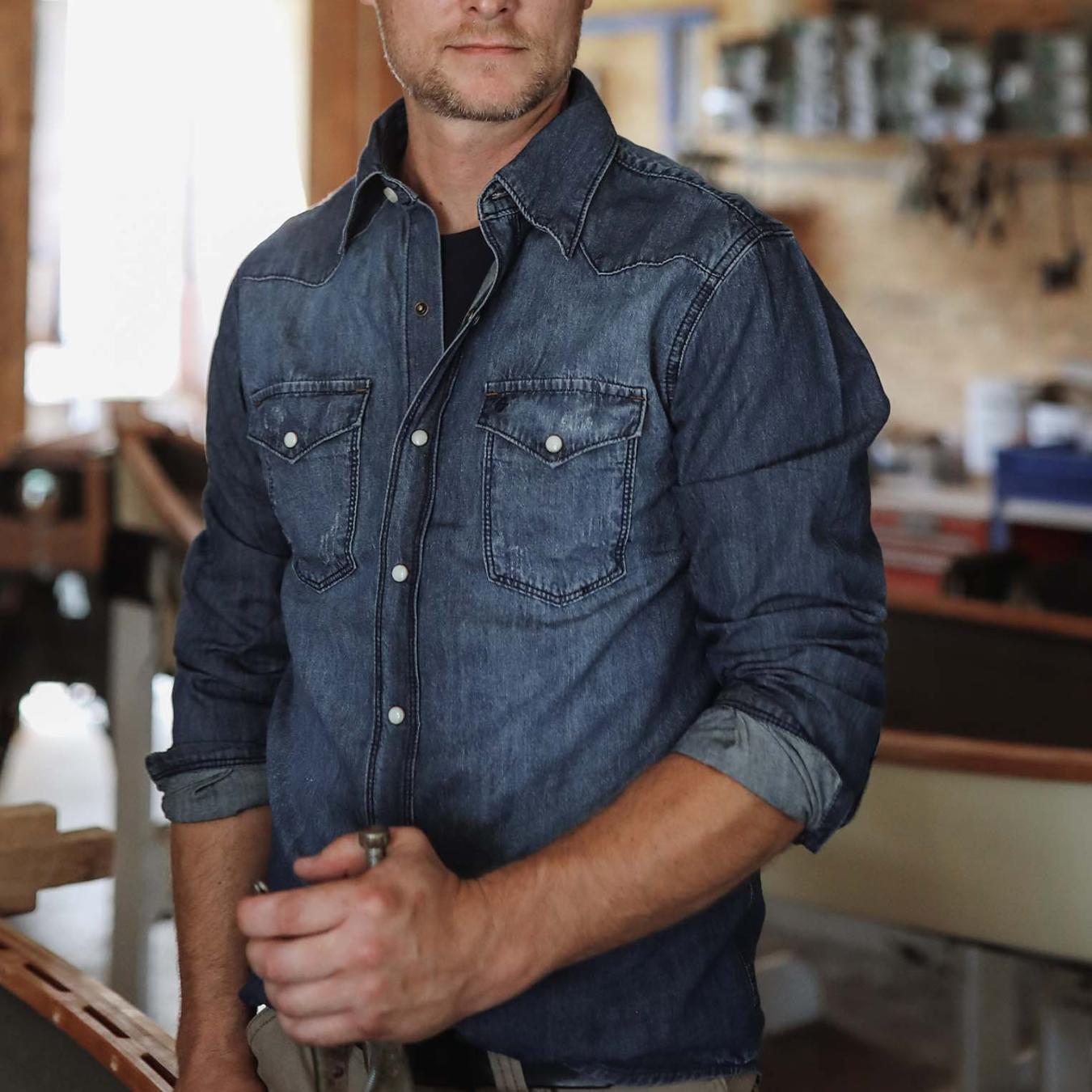 Men Classic Cut Stetson Medium Blue Denim Shirt Blue