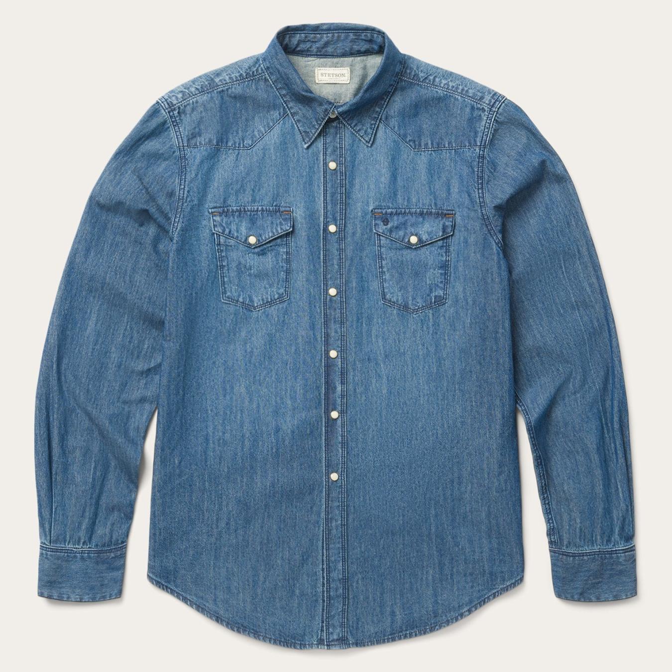 Men Classic Cut Stetson Medium Blue Denim Shirt Blue