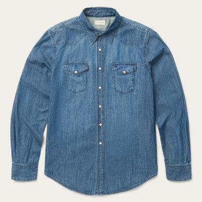 Men Classic Cut Stetson Medium Blue Denim Shirt Blue