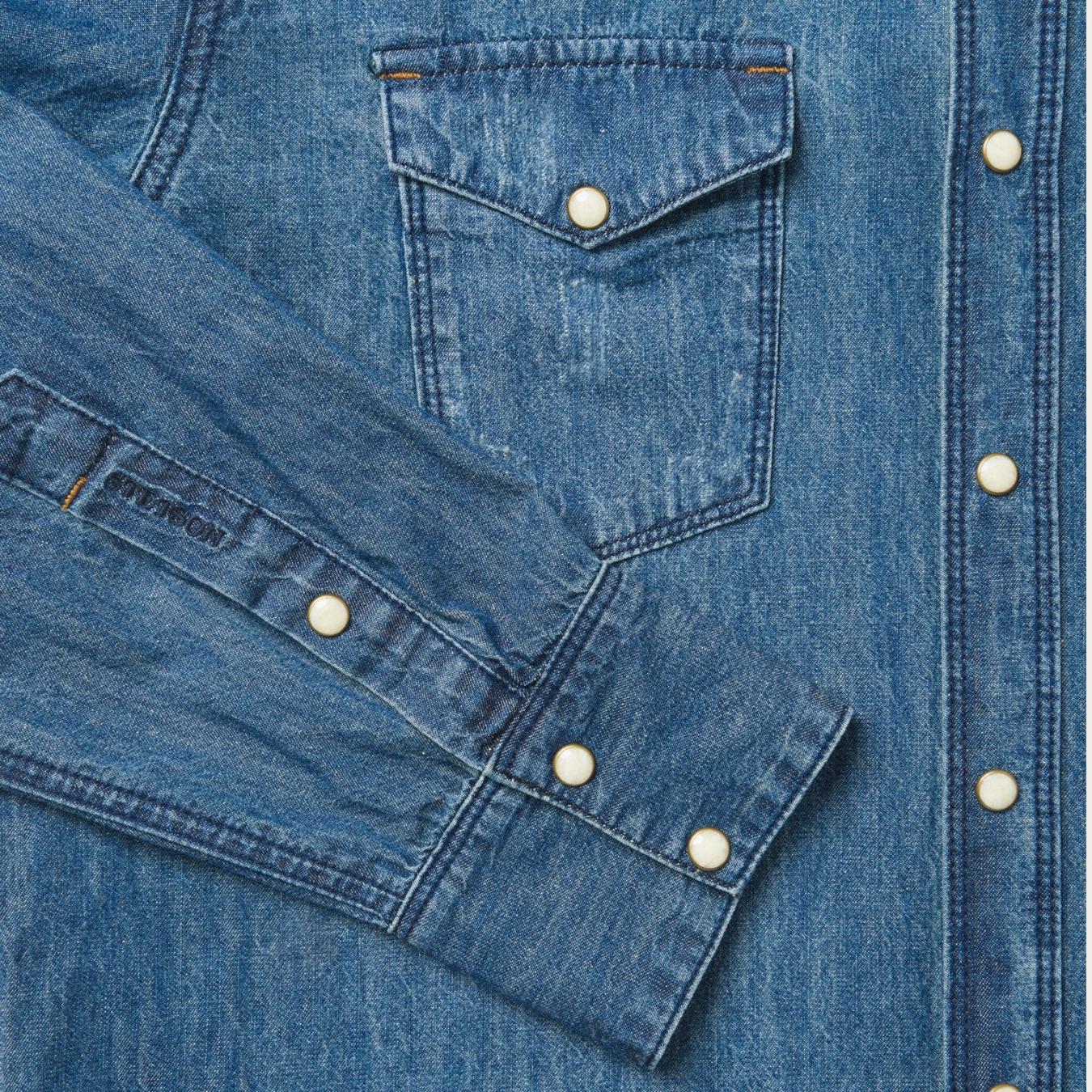 Men Classic Cut Stetson Medium Blue Denim Shirt Blue