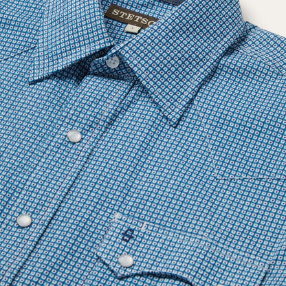 Men Classic Cut Stetson Micro Print Western Shirt Blue