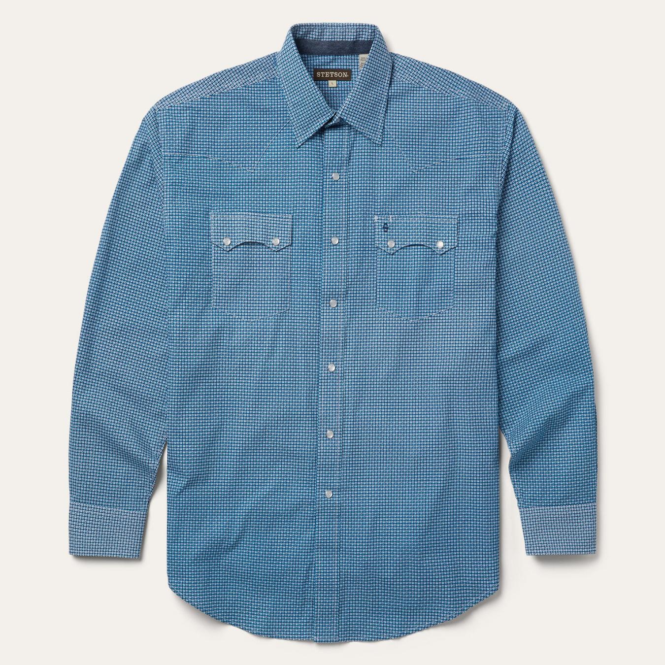 Men Classic Cut Stetson Micro Print Western Shirt Blue