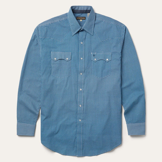 Men Classic Cut Stetson Micro Print Western Shirt Blue