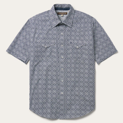 Men Classic Cut Stetson Navy Print Short Sleeve Western Shirt Blue