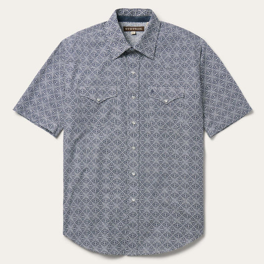 Men Classic Cut Stetson Navy Print Short Sleeve Western Shirt Blue