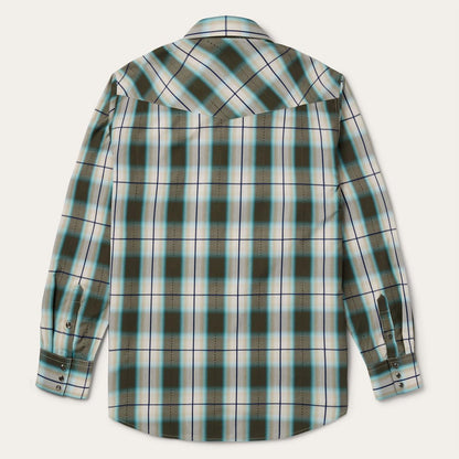 Men Classic Cut Stetson Olive Ombre Plaid Western Shirt Green