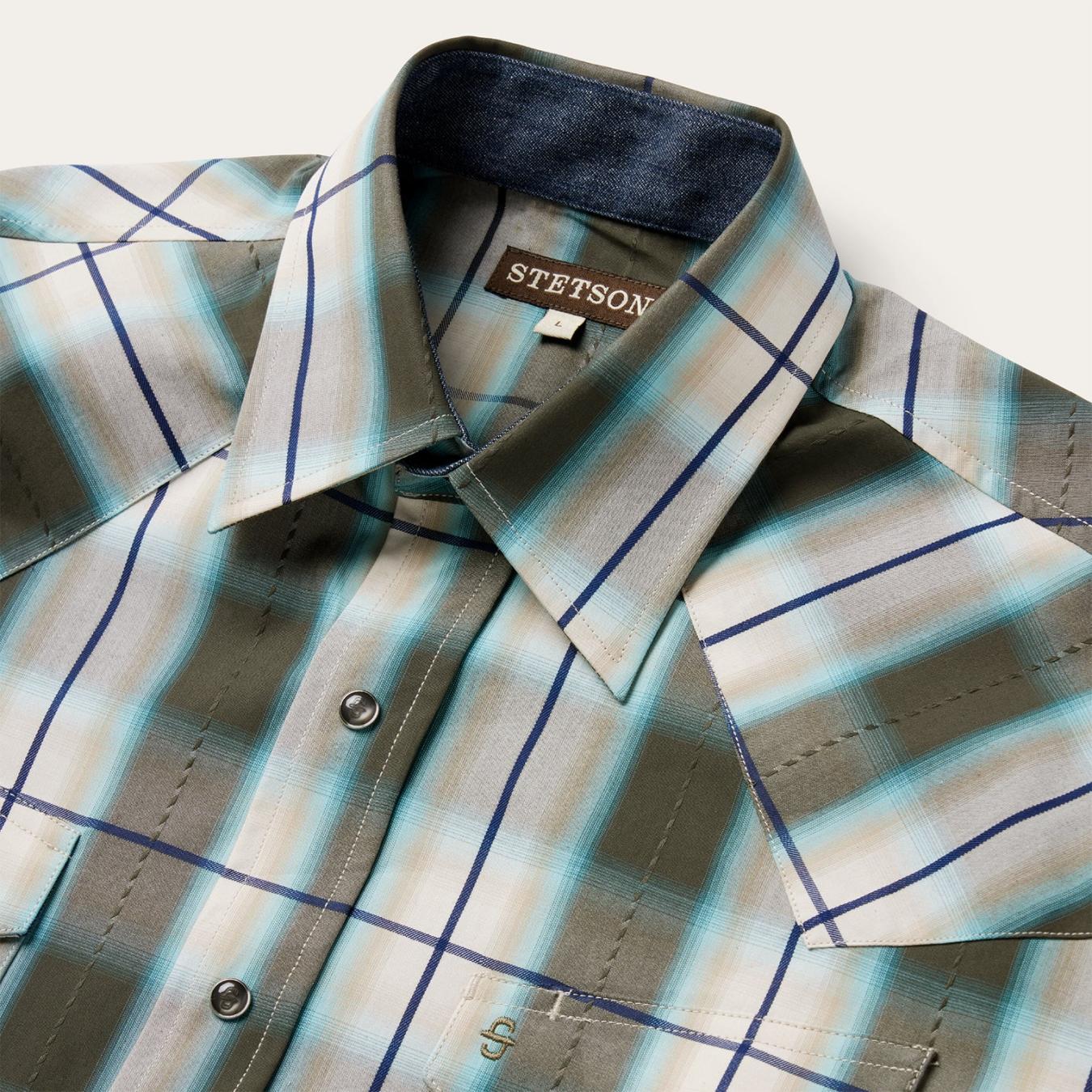 Men Classic Cut Stetson Olive Ombre Plaid Western Shirt Green