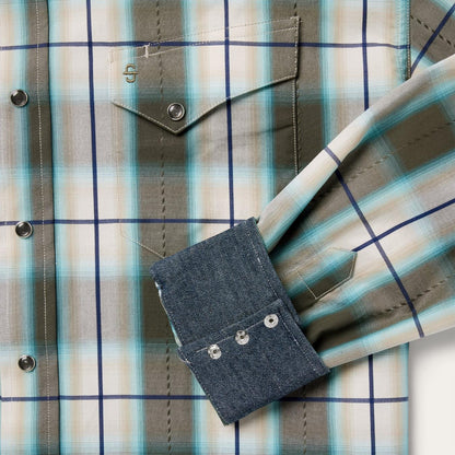 Men Classic Cut Stetson Olive Ombre Plaid Western Shirt Green