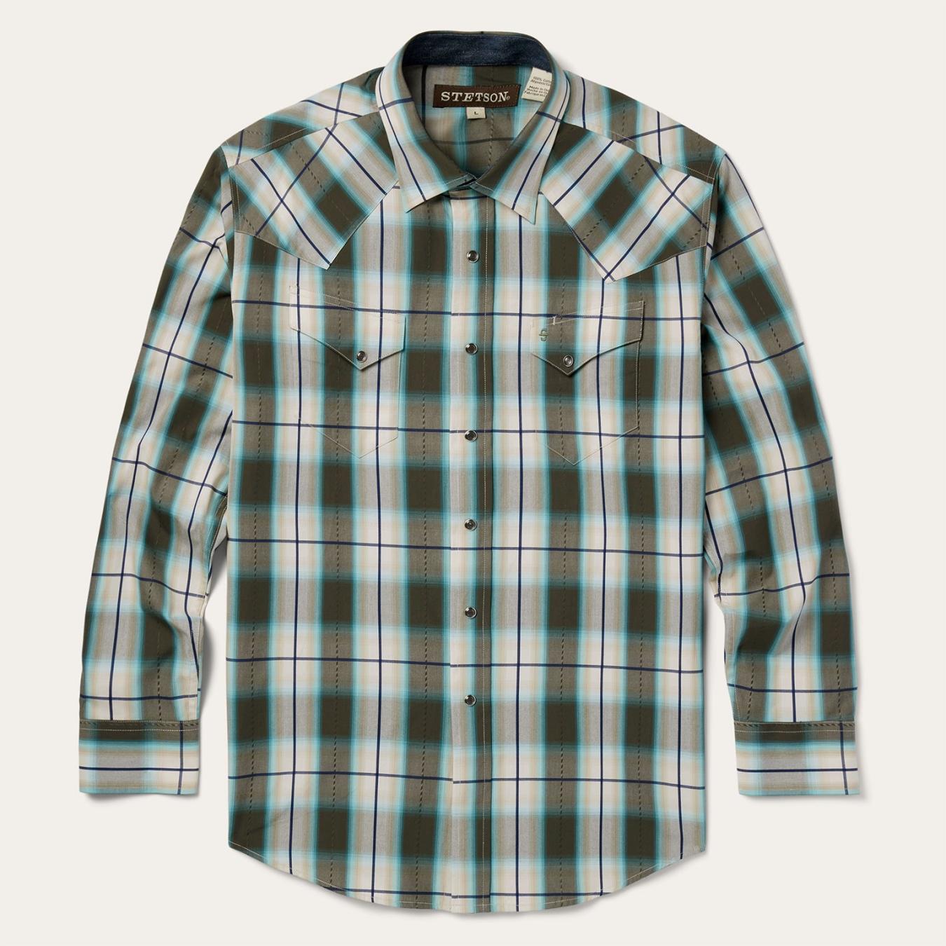 Men Classic Cut Stetson Olive Ombre Plaid Western Shirt Green