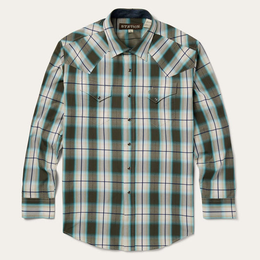 Men Classic Cut Stetson Olive Ombre Plaid Western Shirt Green