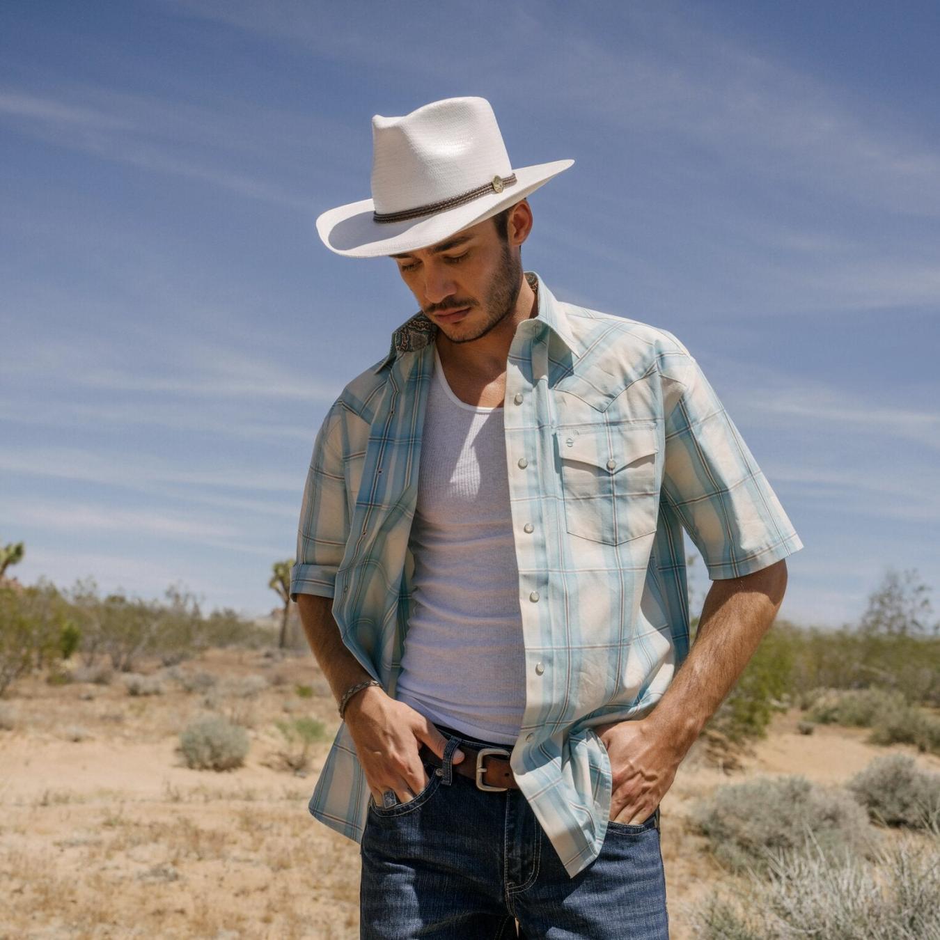 Men Classic Cut Stetson Ombre Plaid Short Sleeve Western Shirt Blue