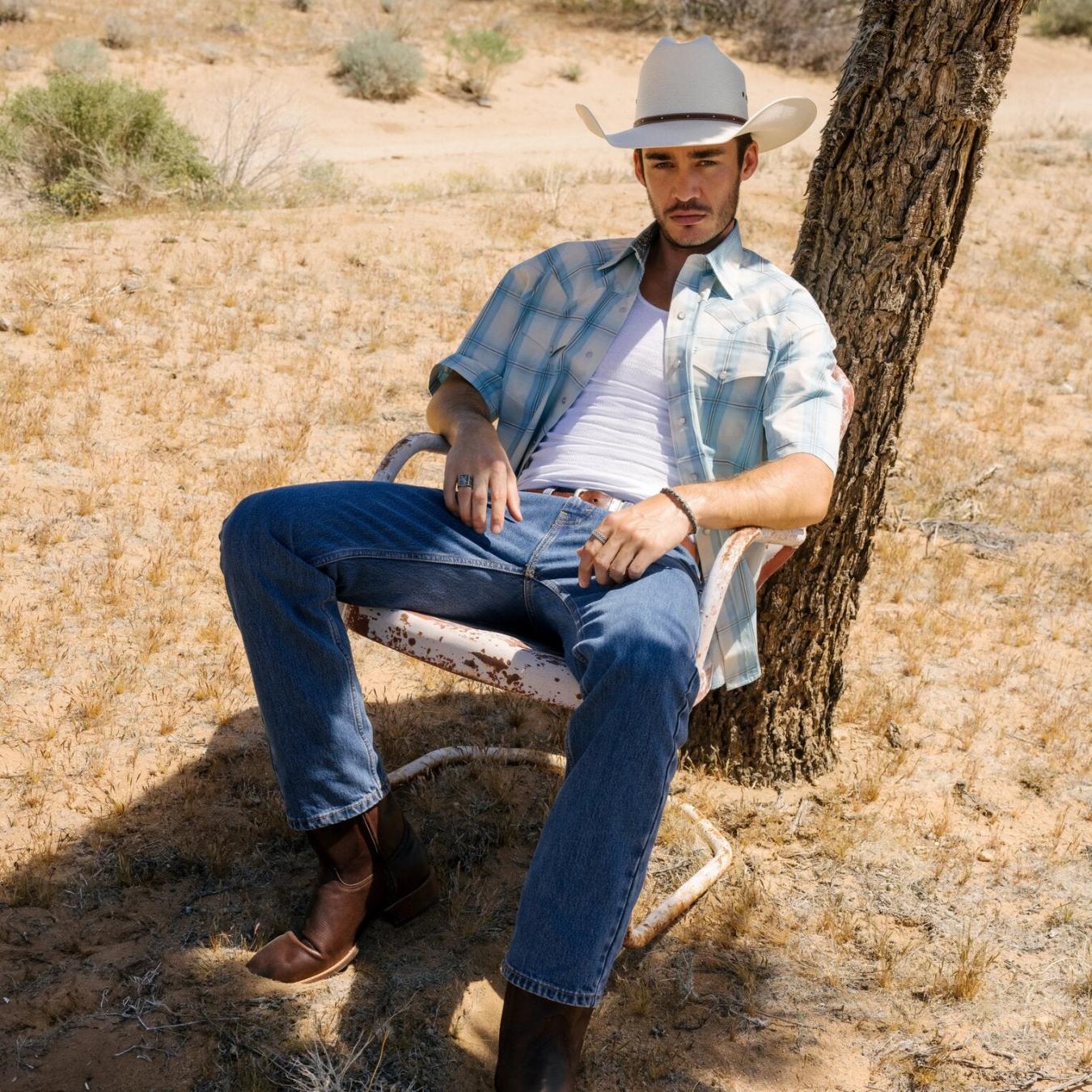 Men Classic Cut Stetson Ombre Plaid Short Sleeve Western Shirt Blue