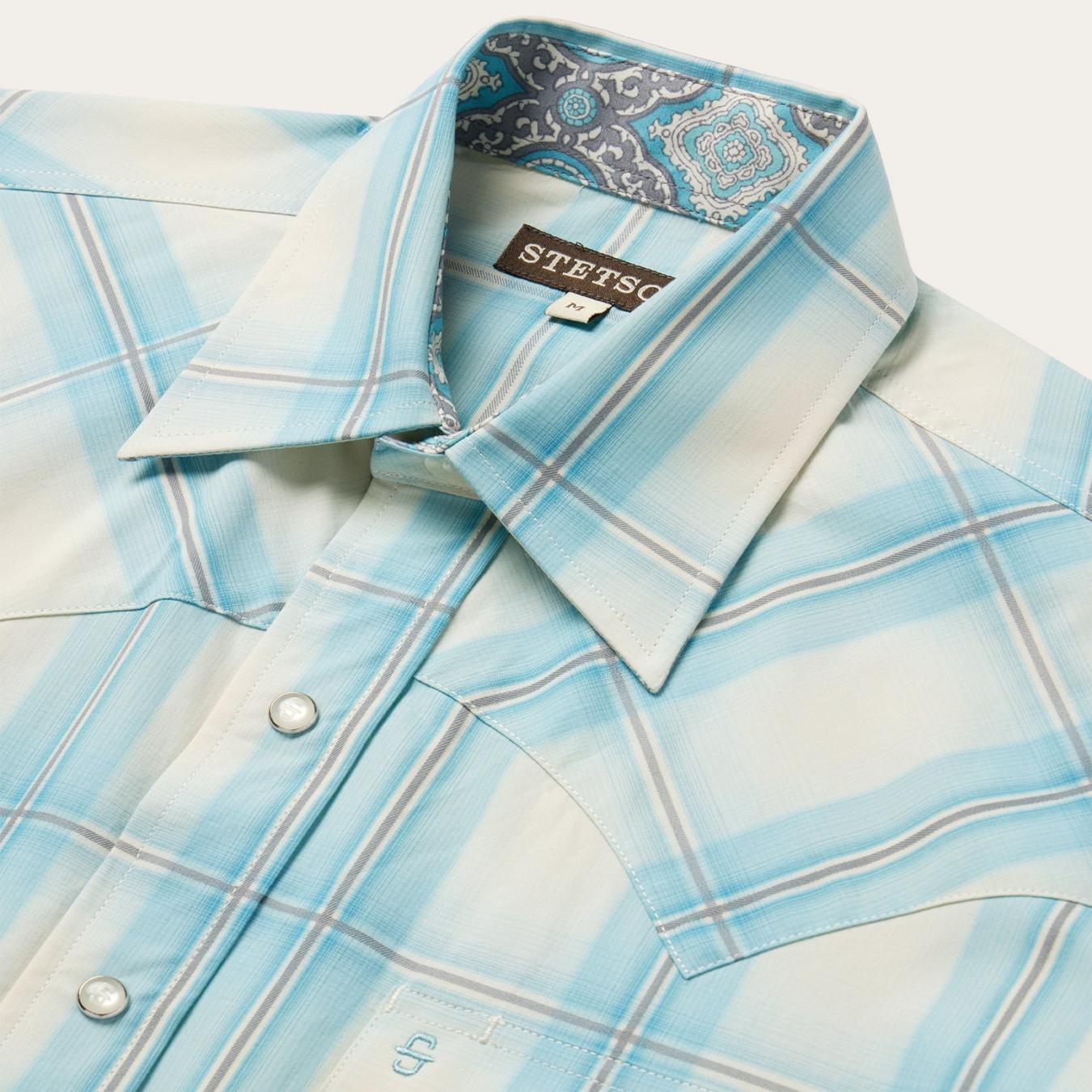 Men Classic Cut Stetson Ombre Plaid Short Sleeve Western Shirt Blue