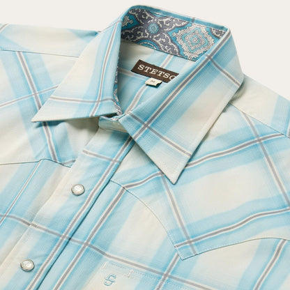 Men Classic Cut Stetson Ombre Plaid Short Sleeve Western Shirt Blue