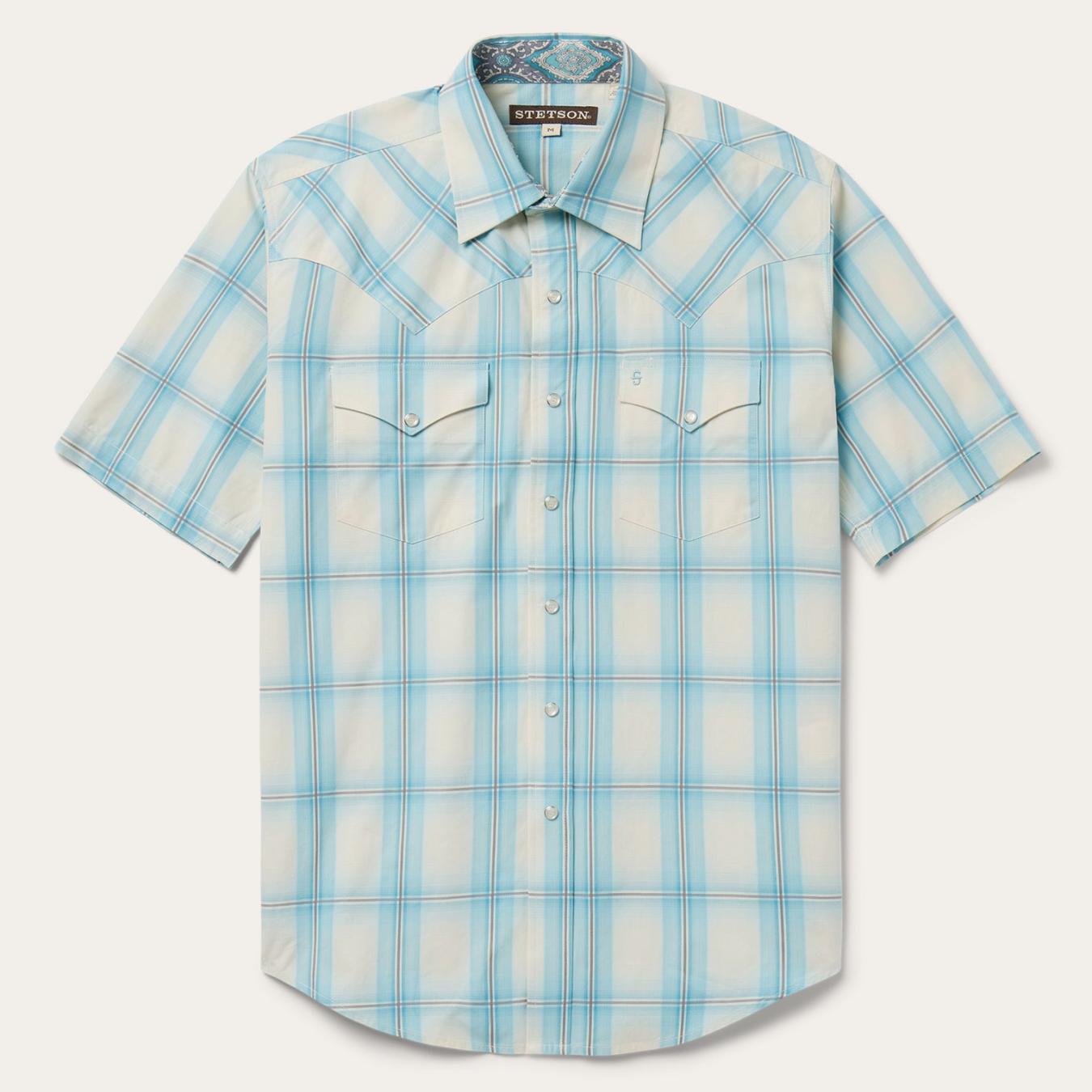Men Classic Cut Stetson Ombre Plaid Short Sleeve Western Shirt Blue