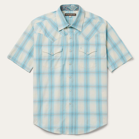 Men Classic Cut Stetson Ombre Plaid Short Sleeve Western Shirt Blue