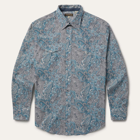 Men Classic Cut Stetson Paisley Western Shirt Green