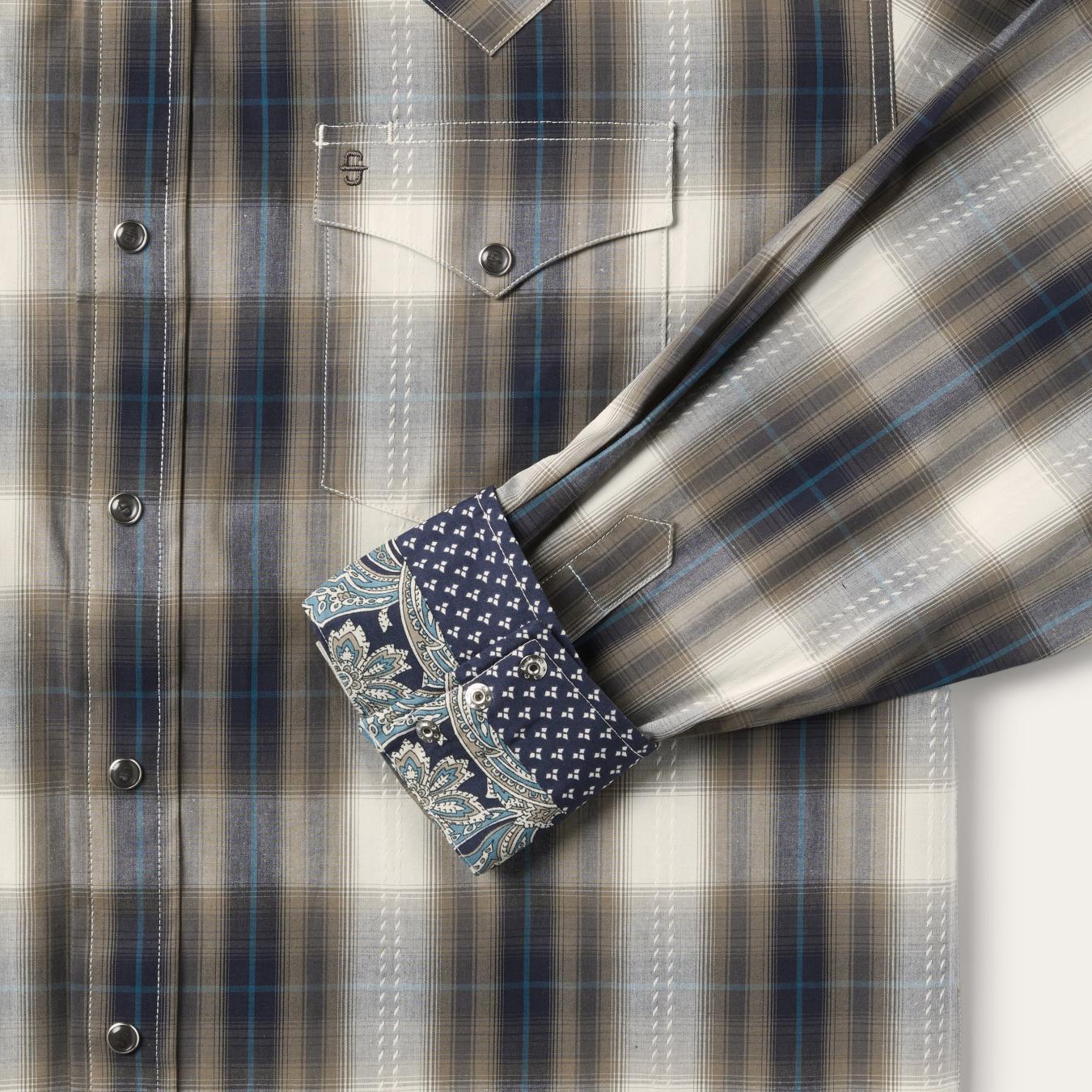 Men Classic Cut Stetson Ranch Plaid Dobby Western Shirt Brown