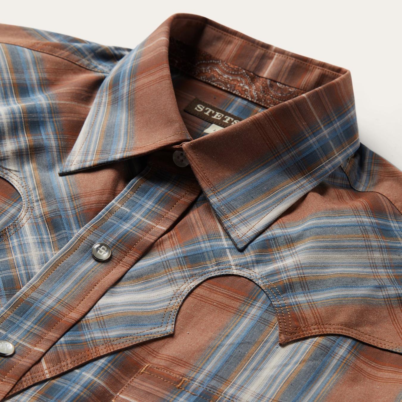 Men Classic Cut Stetson Rustic Plaid Western Shirt Brown