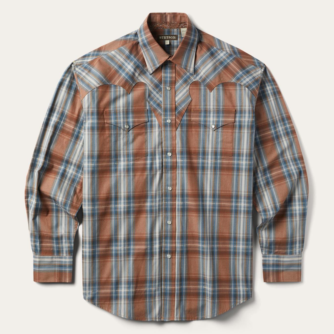 Men Classic Cut Stetson Rustic Plaid Western Shirt Brown