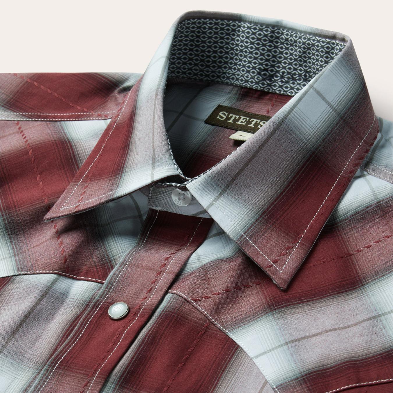 Men Classic Cut Stetson Shadow Plaid Short Sleeve Western Shirt Wine