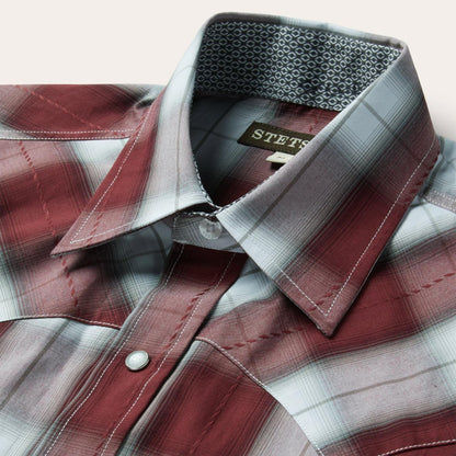 Men Classic Cut Stetson Shadow Plaid Short Sleeve Western Shirt Wine