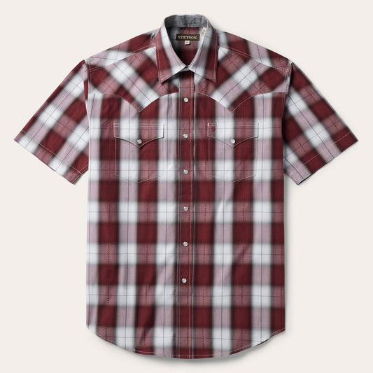 Men Classic Cut Stetson Shadow Plaid Short Sleeve Western Shirt Wine
