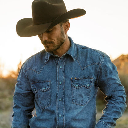 Men Classic Cut Stetson Turquoise Snap Western Denim Shirt Blue
