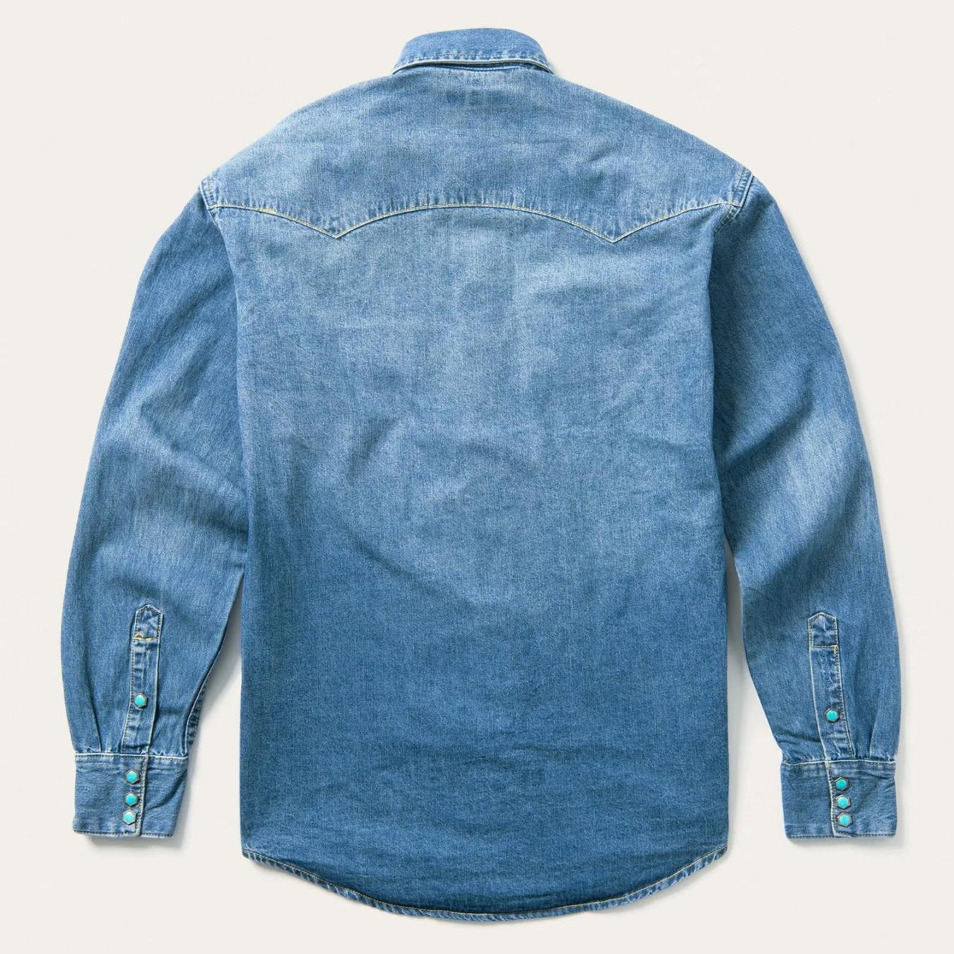 Men Classic Cut Stetson Turquoise Snap Western Denim Shirt Blue