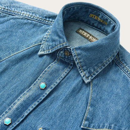 Men Classic Cut Stetson Turquoise Snap Western Denim Shirt Blue
